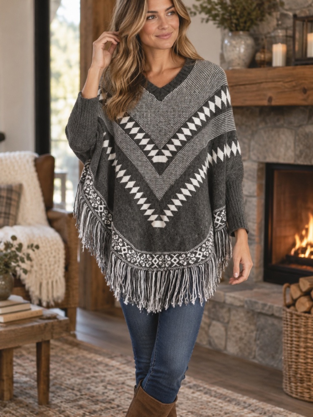 Another Story sweater/poncho XS fringes ribbing fall/winter cottage boho cosy